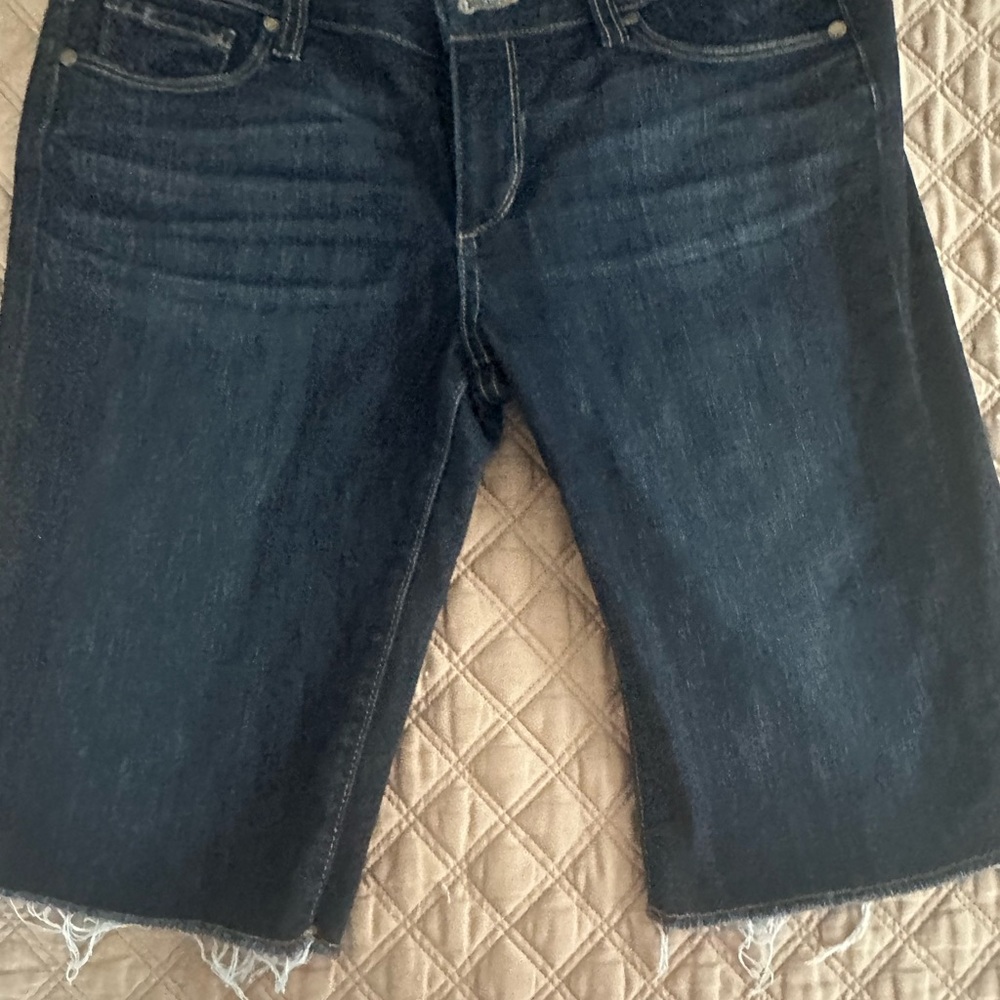 PAIGE Blue Jeans with Whiskering and Raw Hem
